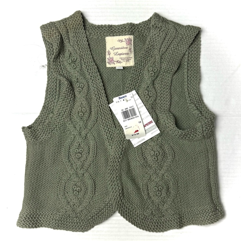 Vintage Genevieve Lapierre Girl's 10 Knitted Crochet Green‎ Vest Hippie Boho 90s